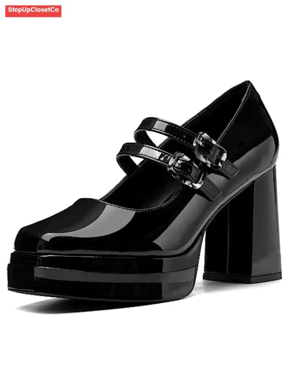 Women Platform Mary Jane Pumps Two Strap Square Toe Chunky Block Heel